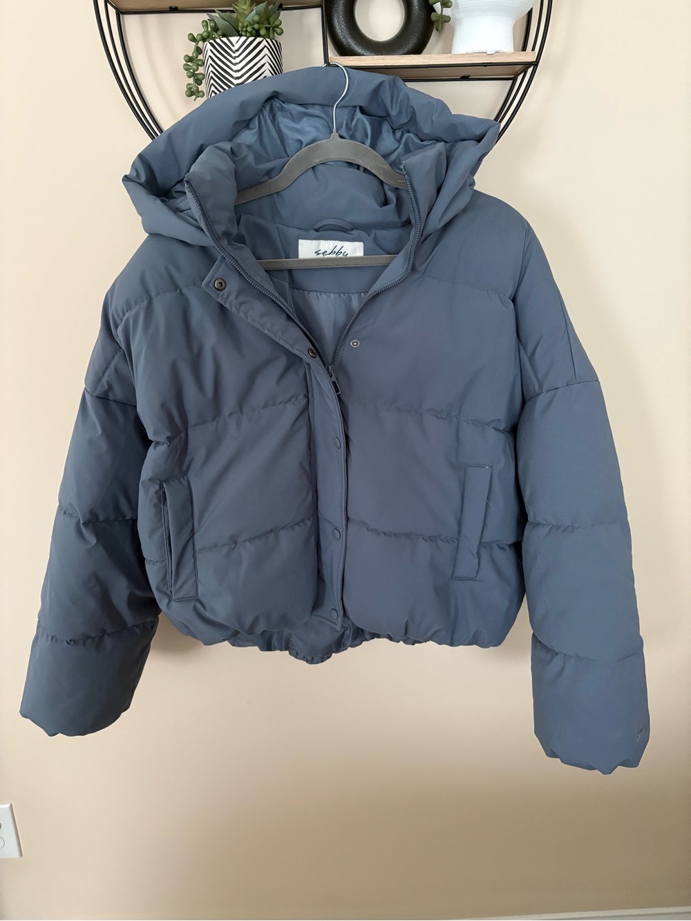 Sebby Slate Blue Cropped Puffy Hooded Jacket